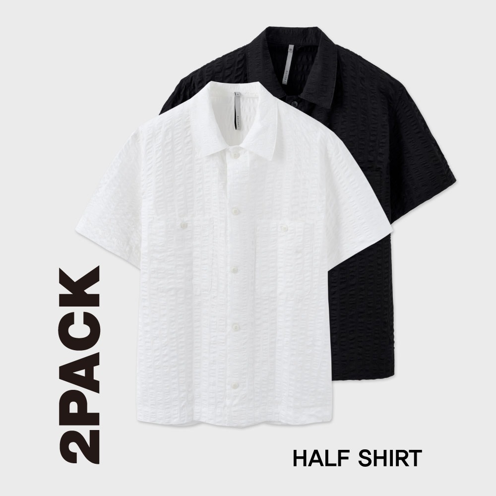 노이어, noirer, 2PACK 오버핏 리플 하프 셔츠